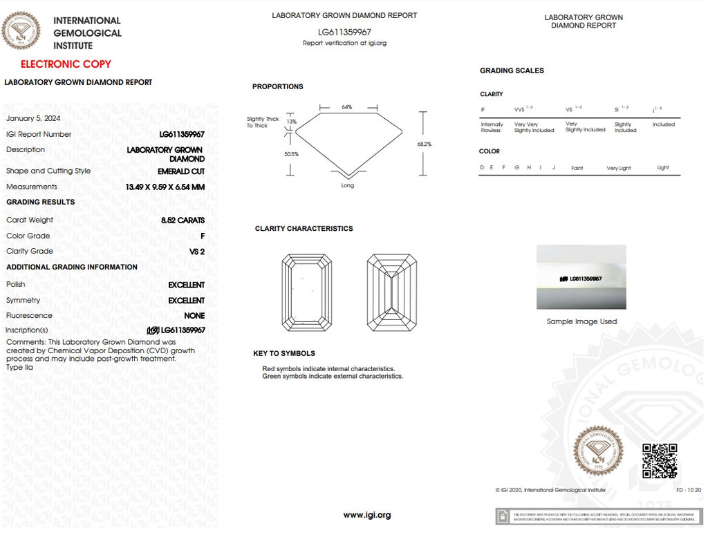 8.52 ct. F/VS2 Emerald Lab-Grown Diamond