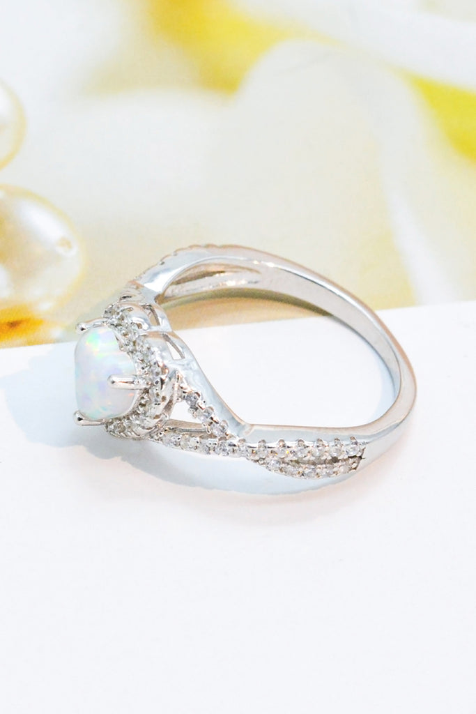 925 Sterling Silver Heart Opal Crisscross Ring